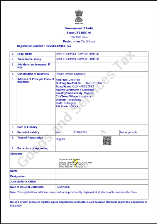 GST registration certificate for UNIK TECHPRO PRIVATE LIMITED