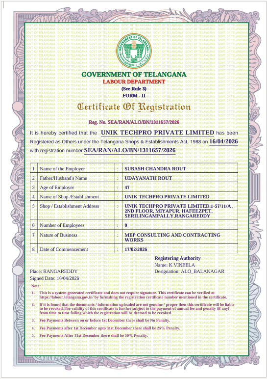 Labour registration certificate for UNIK TECHPRO PRIVATE LIMITED