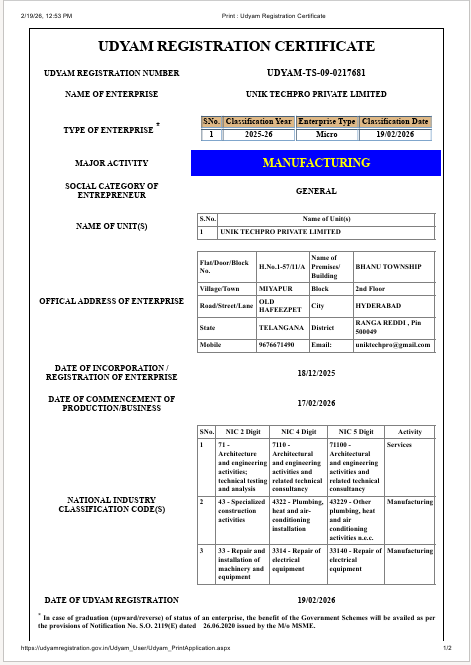 Udyam registration certificate for UNIK TECHPRO PRIVATE LIMITED
